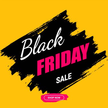Kara Cuma indirimli tasarım şablonu. İnternet afişleri, posterler, iniş sayfaları ya da web siteleri için mağaza düğmeleri. Sarı arkaplanda vektör illüstrasyonu