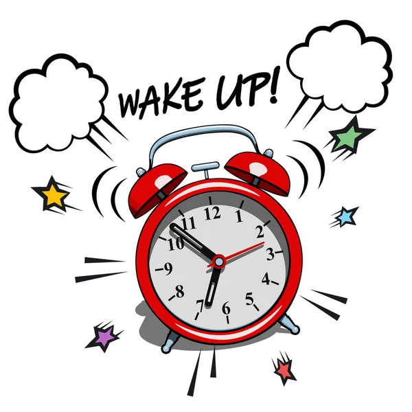 Relógio Alarme Clássico Vermelho Expressão Com Texto Wake Ilustração Vetorial — Vetor de Stock