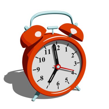 Beyaz arkaplanda izole edilmiş gölgeyle perspektif görünümlü kırmızı klasik alarm saati. Vektör illüstrasyonu