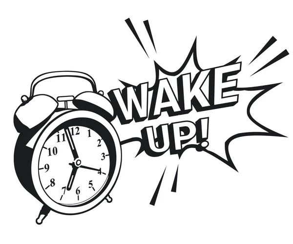 Reloj Despertador Expresión Con Texto Wake Ilustración Vectorial Blanco Negro — Archivo Imágenes Vectoriales
