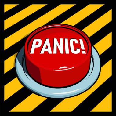 Alarm düğmesi ya da SOS acil durum düğmesi. Sarı ve siyah panelde büyük kırmızı panik düğmesi. Vektör illüstrasyonu