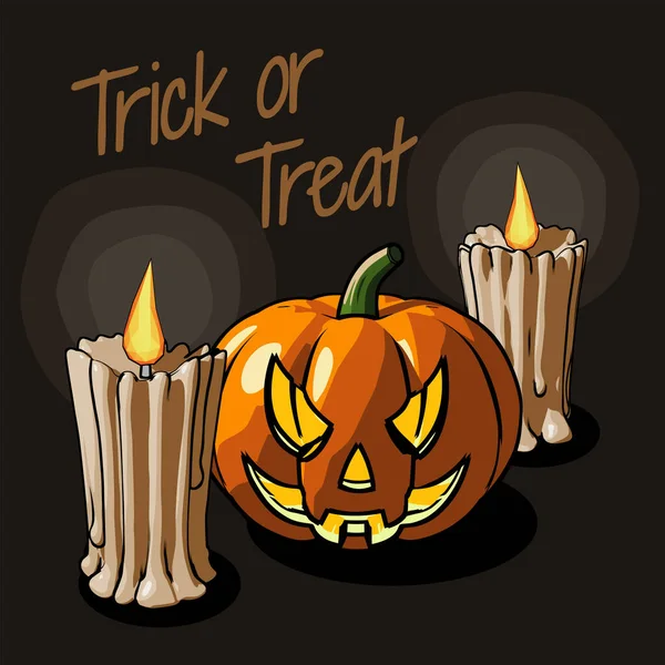 Halloween Pumpa Huvud Och Ljus Med Trick Eller Behandla Text — Stock vektor