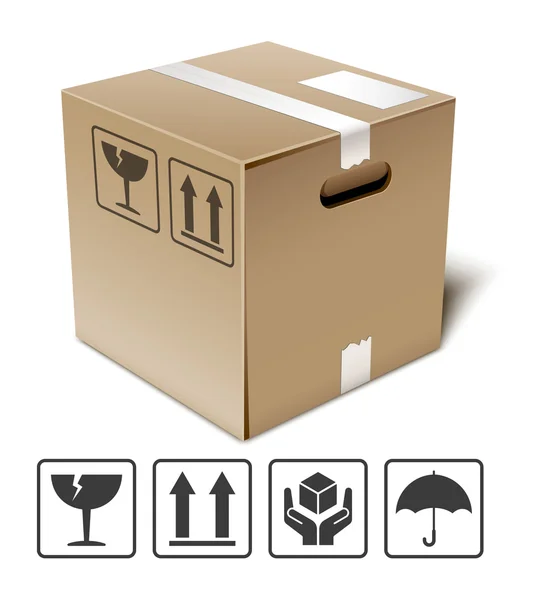 Cardboard box icon with fragile signs — Stock Vector