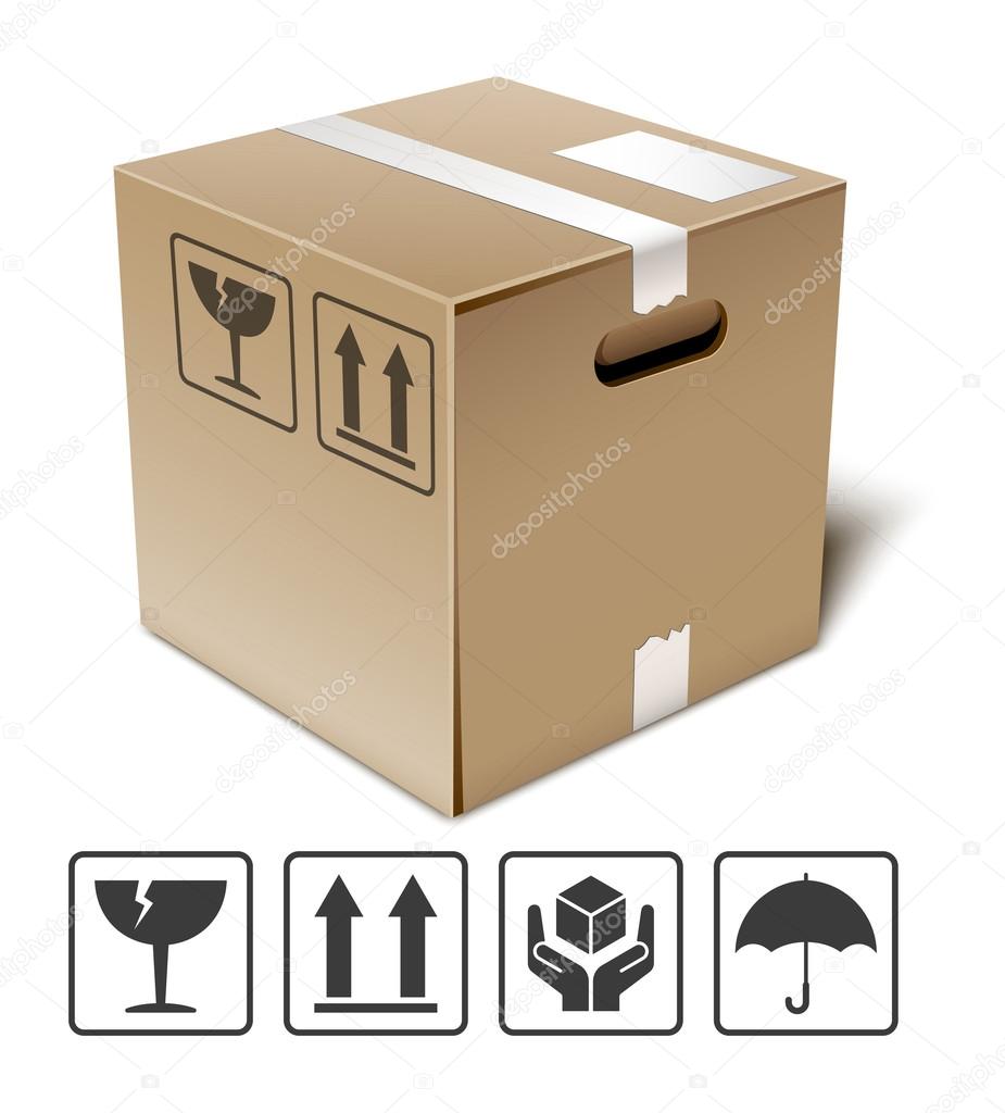 Cardboard box icon with fragile signs