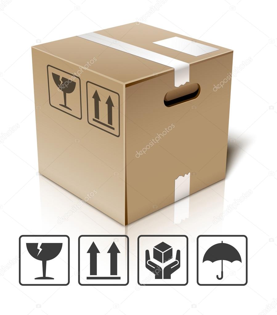 Cardboard box icon with packaging symbols