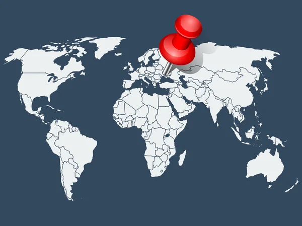 Mappa del mondo con spinotto rosso — Vettoriale Stock