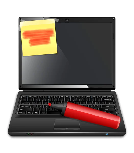 Laptop met een markeerstift en kleverige papier — Stockvector