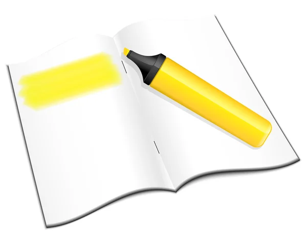 Cuaderno abierto con iluminador — Vector de stock