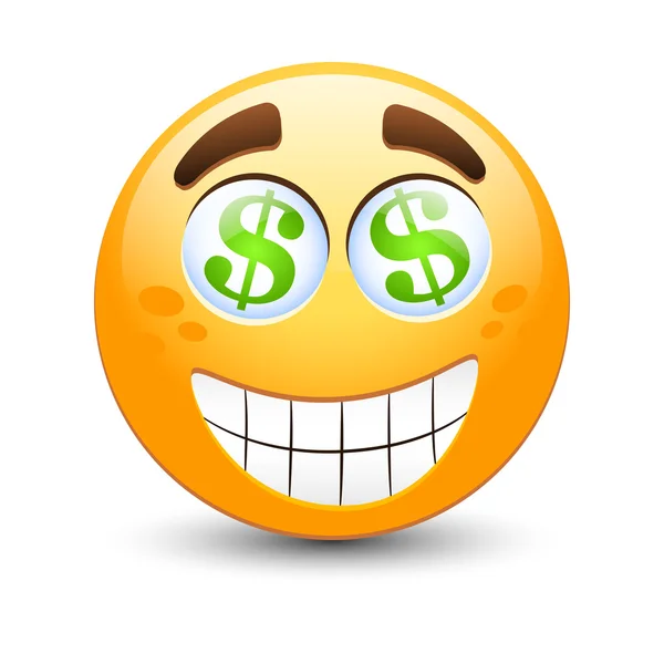 Emoticon sorridente con dollari — Vettoriale Stock