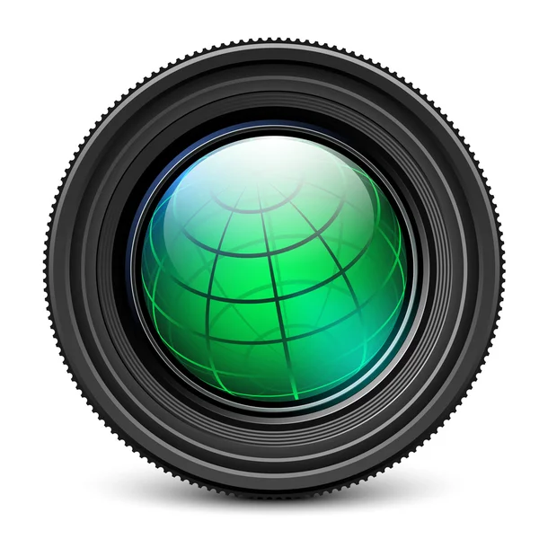 Camera-Lens met Globe — Stockvector