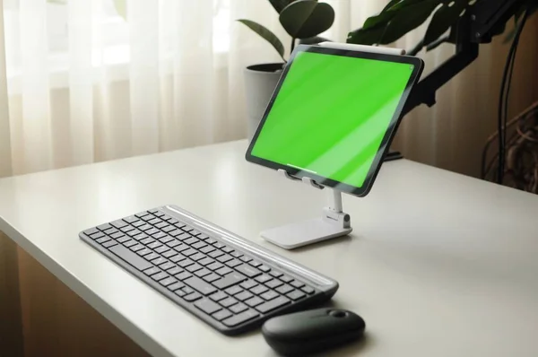 Tableta en soporte con teclado y ratón. Minimalismo interior con plantas de interior —  Fotos de Stock