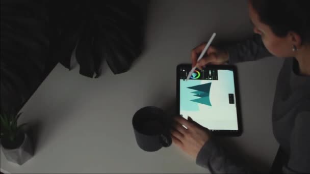 Horní pohled ženy kreslení zimní ilustrace na touchpad s stylus.Home hobby — Stock video