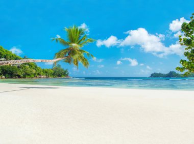 Tropical beach Baie Lazare with boat clipart