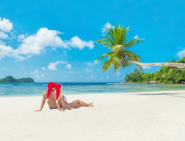 İki Noel şapka tropikal kumlu palm Beach içinde