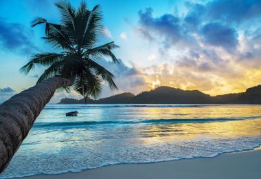 Tropical beach Baie Lazare at sunset clipart