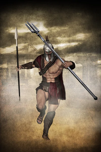 Gladiator attacks with trident — Stock Photo, Image