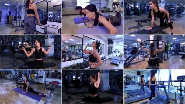 Çok Ekran Çerçeve Genç Bayan Fitness Modelleri Spor Salonunda Egzersiz — Stok video