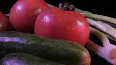 Taze çiftlik sebzeleri. Domates, salatalık, yeşil soğan yaprağı. detaylı plan.