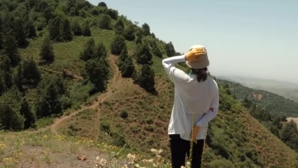 正体不明の女性がカメラに背を向けて立っている 彼女のパスの前に山を登る 遠くの山々や渓谷の美しい景色を見ることができます — ストック動画