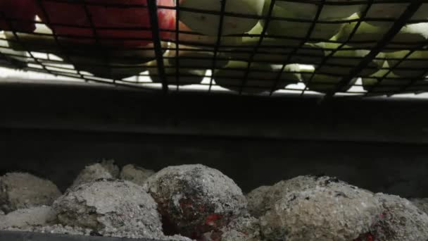 Nad Palącymi Się Żar Pokryte Popiołem Ruszcie Leżały Gotowane Warzywa — Wideo stockowe