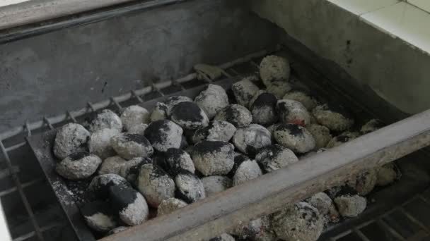 Parrilla Con Carbones Quemados Cubiertos Con Cenizas Ligeras Coloca Una — Vídeos de Stock