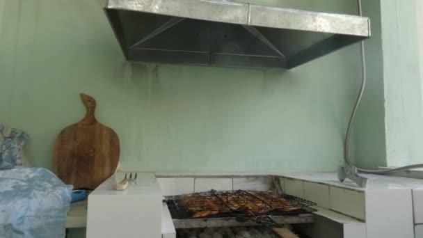 Área Churrasco Equipada Carne Assada Grelhador Grelha Vem Fumaça Que — Vídeo de Stock