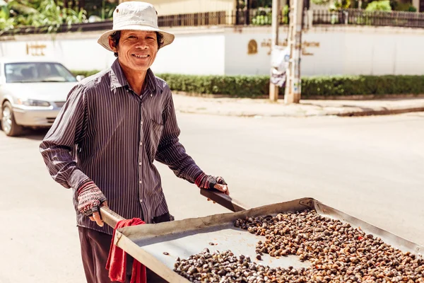 SIEMREAP, CAMBODIA - JAN 25, 2016: The merchant is bring a cart with snails