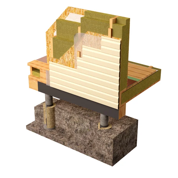 3D obraz koncepcyjny izolacji i budowa domu budowa ramki. — Zdjęcie stockowe