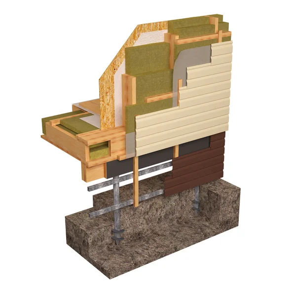 Εννοιολογική εικόνα 3D μόνωσης και κτίριο κατασκευής σπίτι με ξύλινο σκελετό. — Φωτογραφία Αρχείου