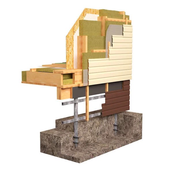 3D-conceptuele afbeelding van isolatie en bouw bouw frame huis. — Stockfoto