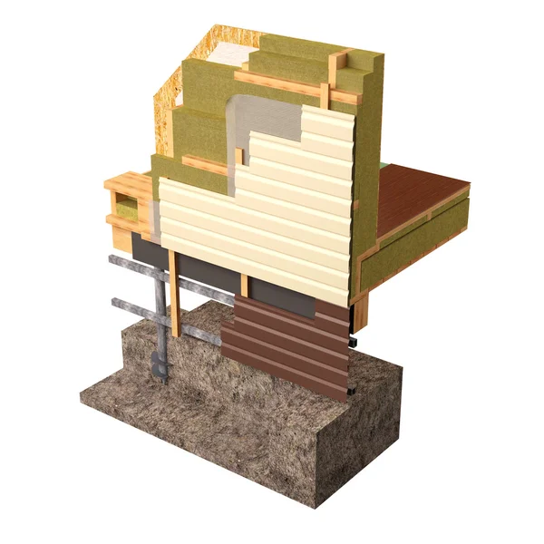Εννοιολογική εικόνα 3D μόνωσης και κτίριο κατασκευής σπίτι με ξύλινο σκελετό. — Φωτογραφία Αρχείου