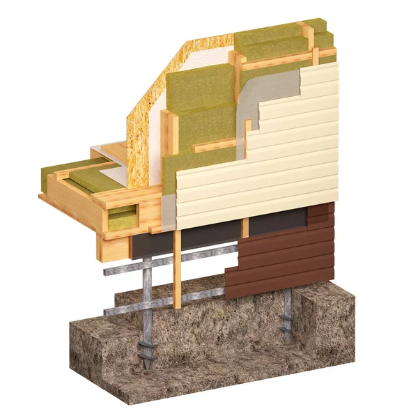 3D-conceptuele afbeelding van isolatie en bouw bouw frame huis. — Stockfoto