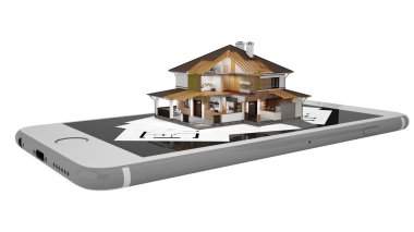 smartphone ve plan ile modern bir ev 3D render