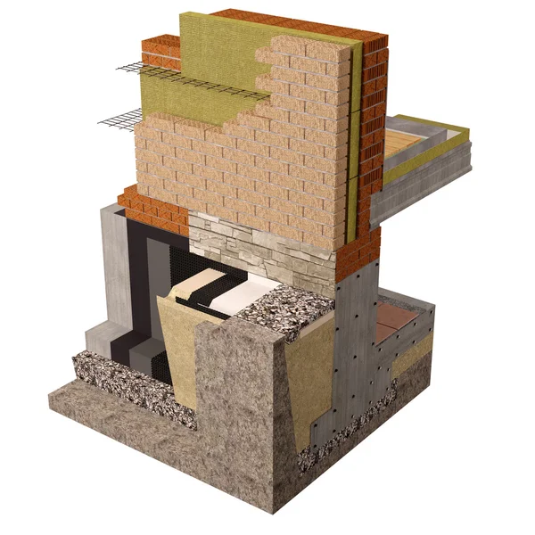 3D візуалізація комп'ютерного зображення фундаментів і стін з утепленням . — стокове фото