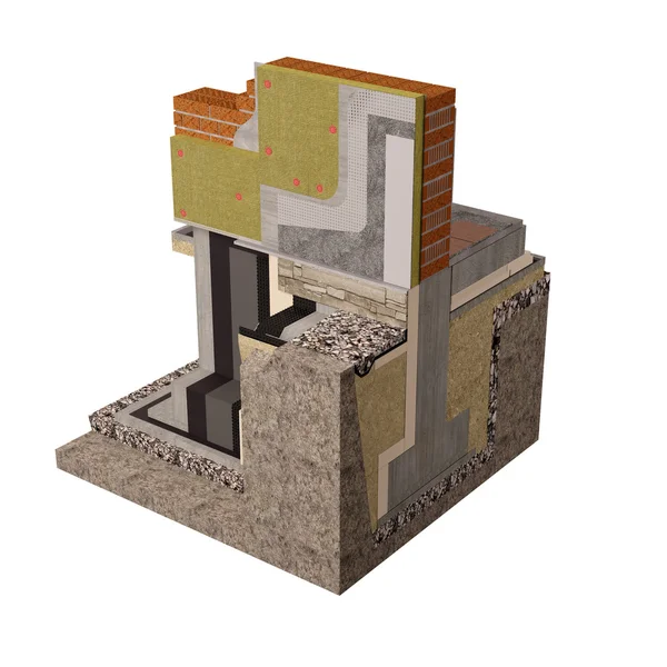 3D render computer beeld van funderingen en muren met isolatie. — Stockfoto