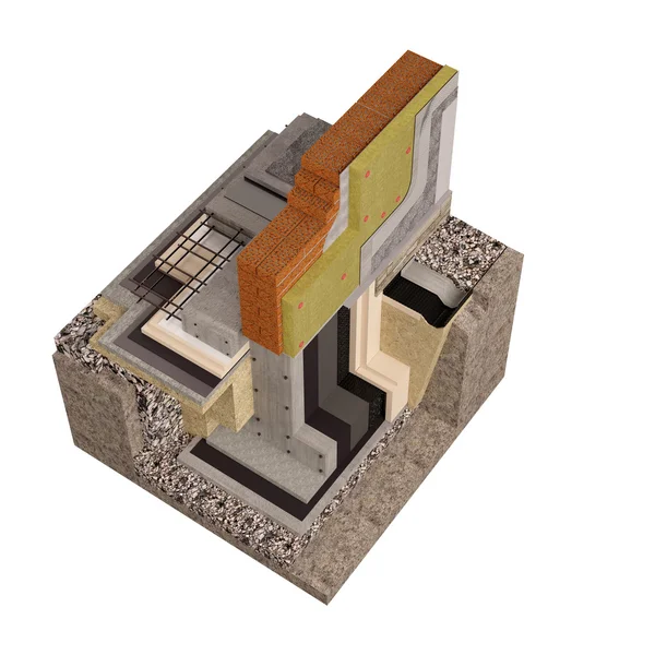 3D візуалізація комп'ютерного зображення фундаментів і стін з утепленням . — стокове фото