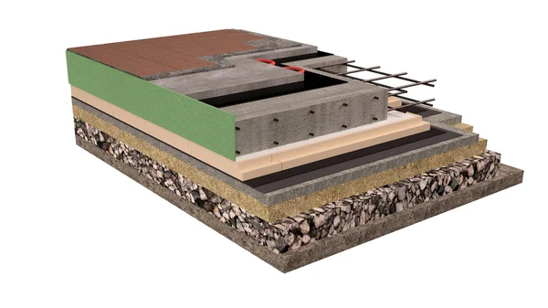 Imagem tridimensional da construção da fundação de concreto com isolamento — Fotografia de Stock