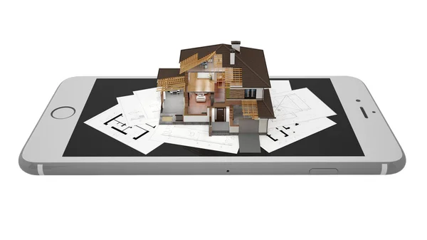Representación 3D de una casa moderna con smartphone y plano — Foto de Stock
