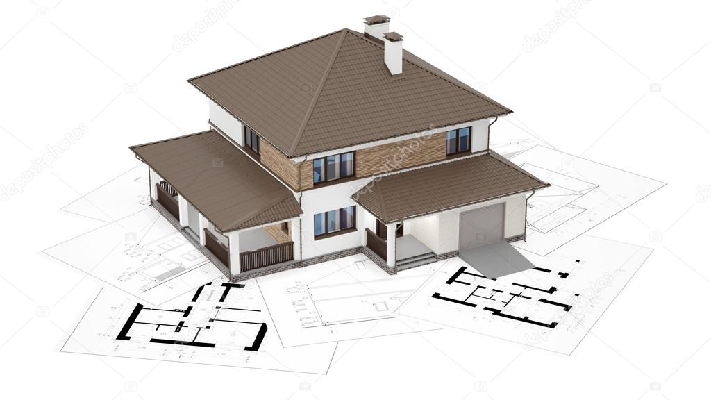 3D rendering of a house on top of blueprints
