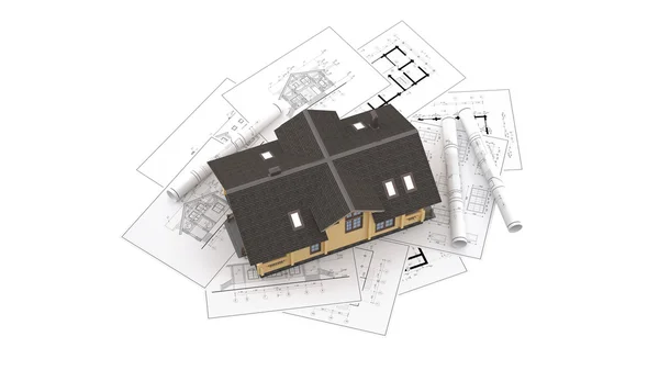 Макет бревенчатого дома на фоновых чертежах — стоковое фото