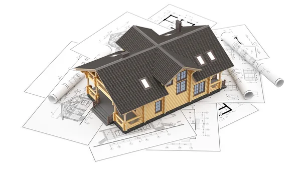 The model of a log house on the background drawings — Stock Photo, Image