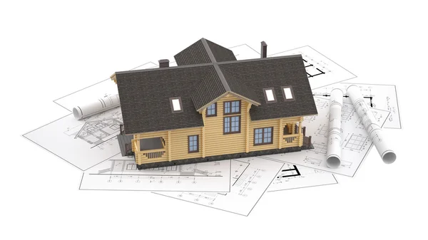 El modelo de una casa de madera en los dibujos de fondo — Foto de Stock