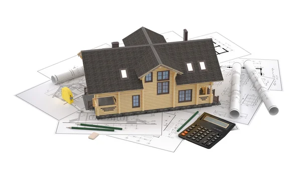 The model of a log house on the background drawings with drawing instruments — Stock Photo, Image