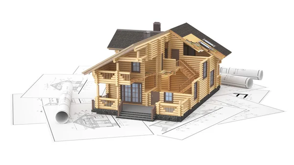 The model of a log house on the background drawings — Stock Photo, Image