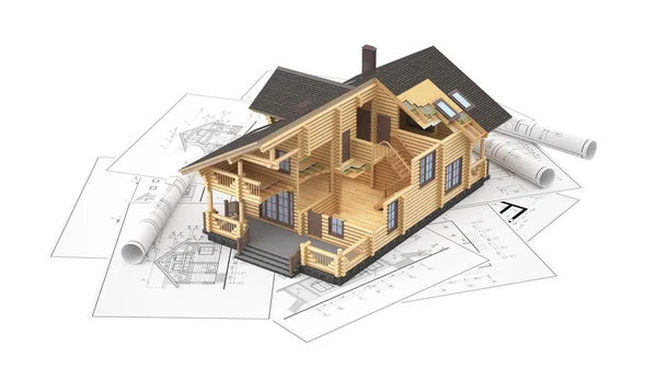 The model of a log house on the background drawings — Stock Photo, Image