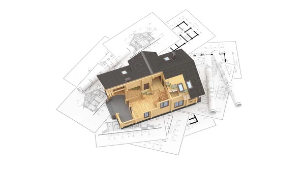 O modelo de uma casa de madeira nos desenhos de fundo — Fotografia de Stock