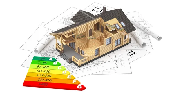 The model of a log house on the background drawings — Stock Photo, Image