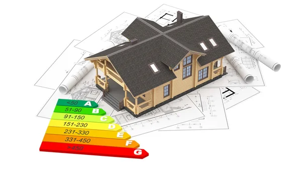 The model of a log house on the background drawings — Stock Photo, Image