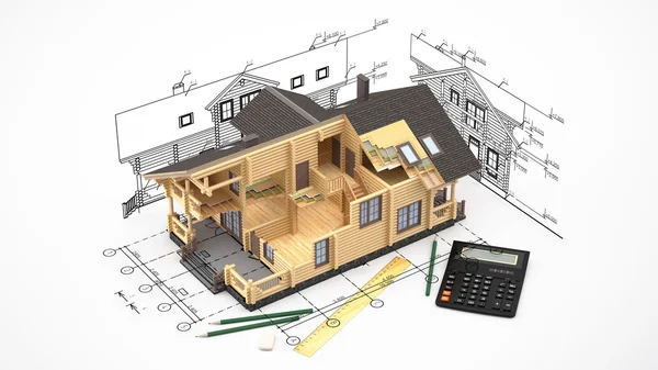 Το μοντέλο του ένα ξύλινο σπίτι σχετικά με τα σχέδια φόντο με σχέδιο μέσων Εικόνα Αρχείου