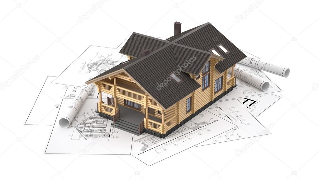 The model of a log house on the background drawings